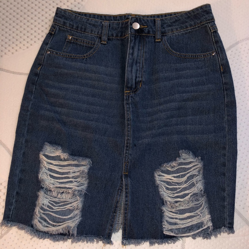 Distressed jean skirt